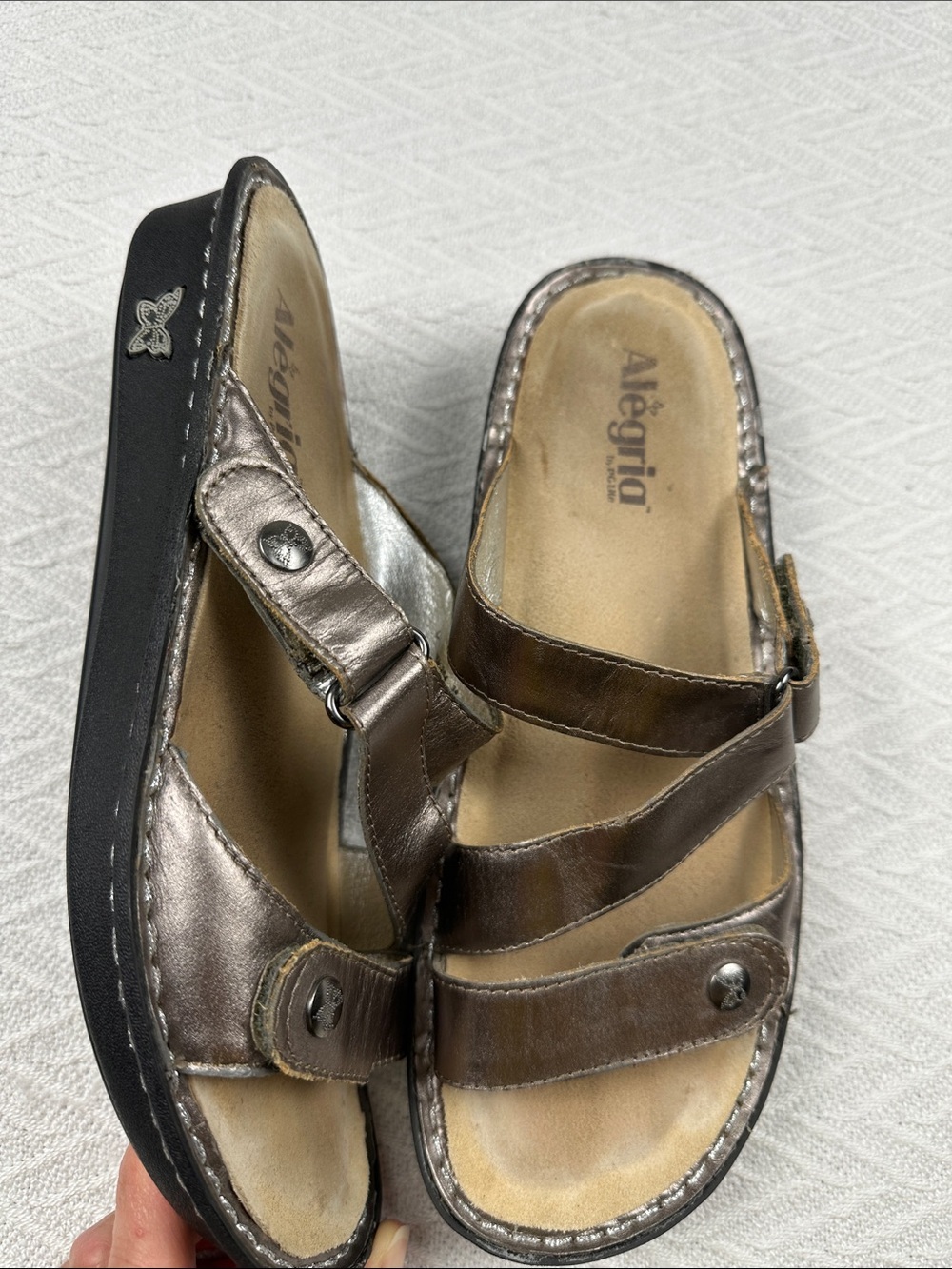 Alegria leather Metallic Bronze Three-Strap Comfort Slide Sandals butterfly